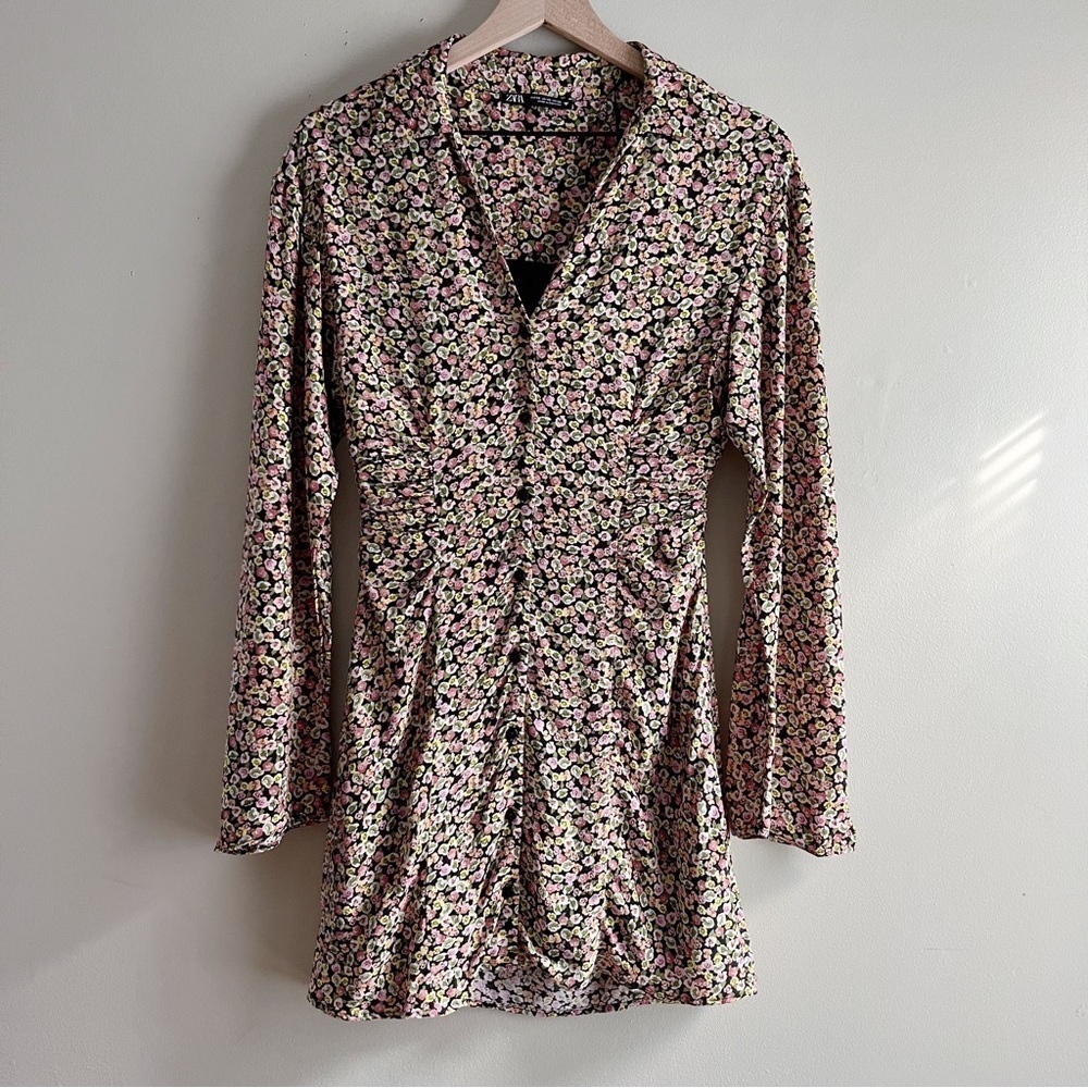 Zara Floral Mini Shirt Dress Long Sleeves Pink Green Black‎ Yellow, Size XS